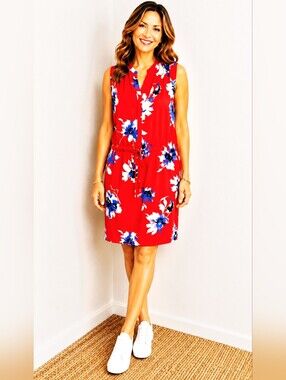 Fleur Bleue Red Floral Sleeveless Long-Waisted Drawstring Dress, Size XL